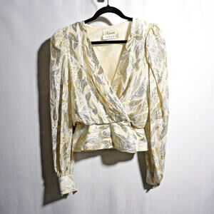 VTG Rimini I Magnin Gold Silver Wrap Top V Neck Glam Puff Sleeves Womens M Shiny